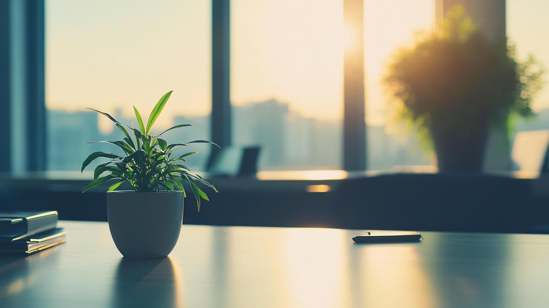 A potted plant sits on a table in front of a window photo
