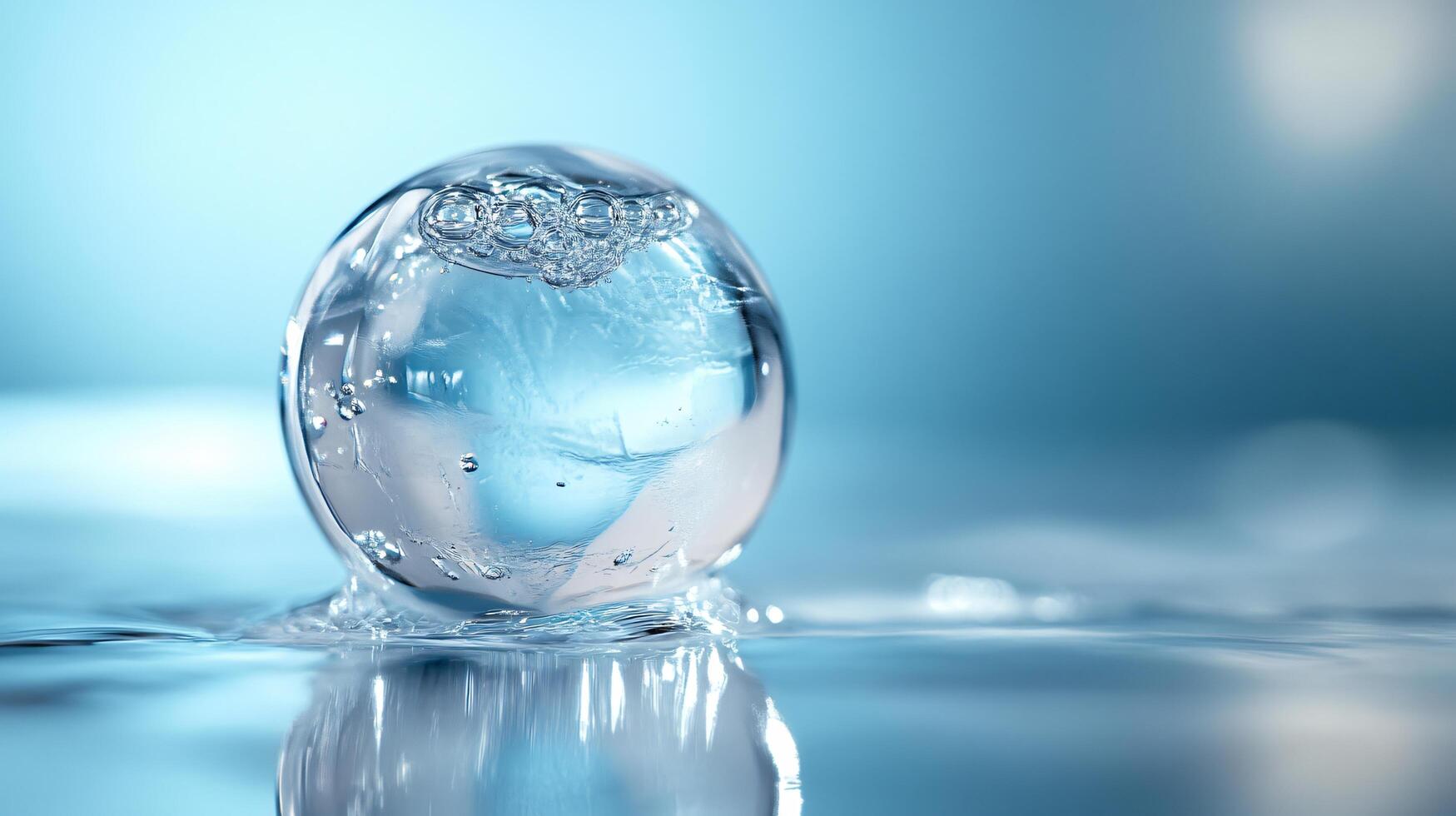 A clear glass ball filled with water is sitting on the surface of the water photo