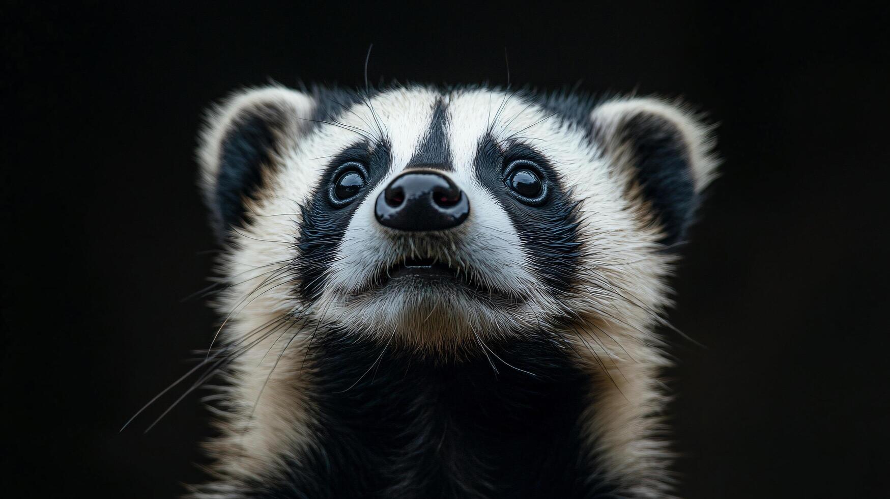 A raccoon with a black and white face is staring at the camera photo