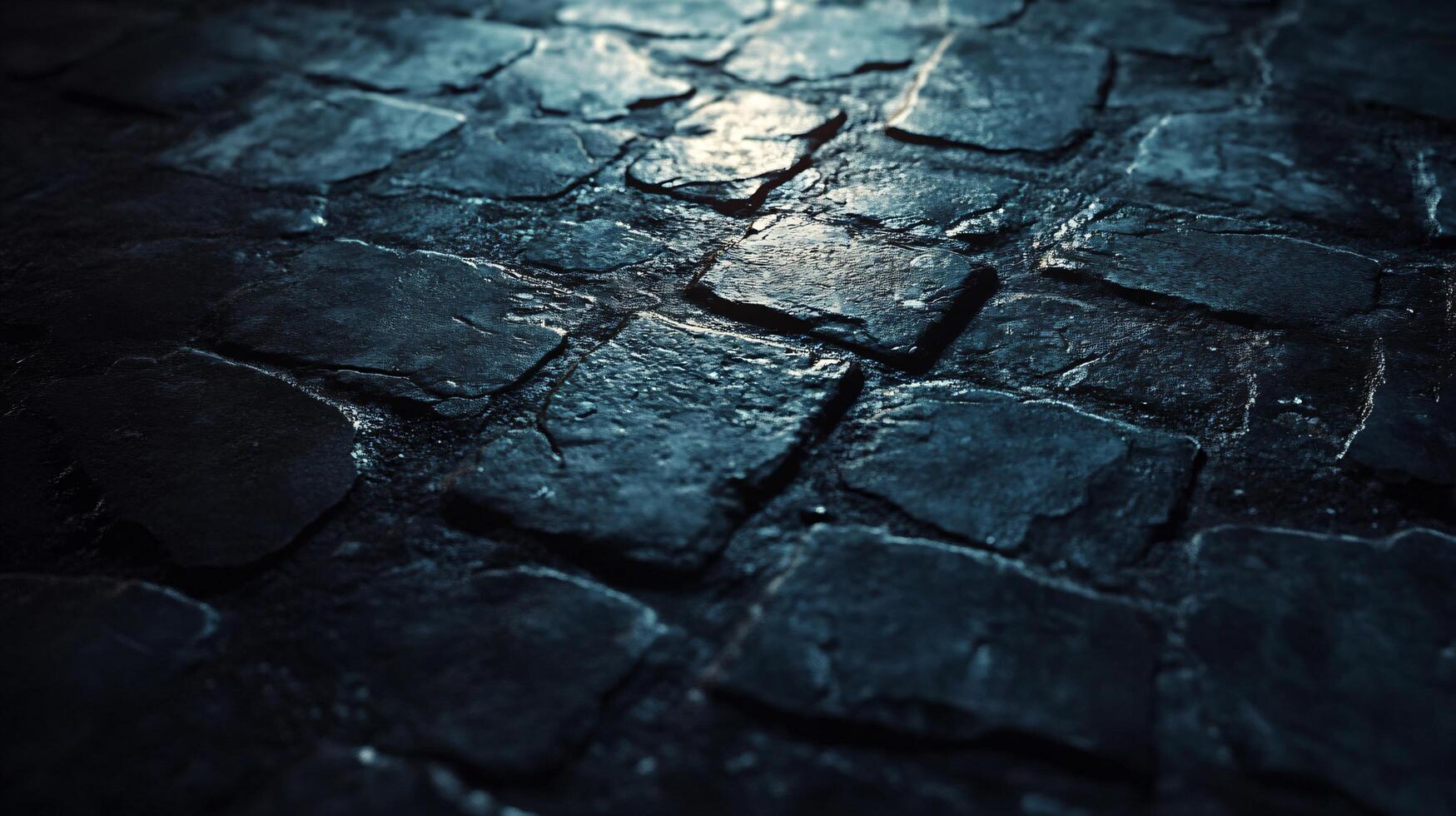A dark blue photo of a stone floor with a wet spot in the middle