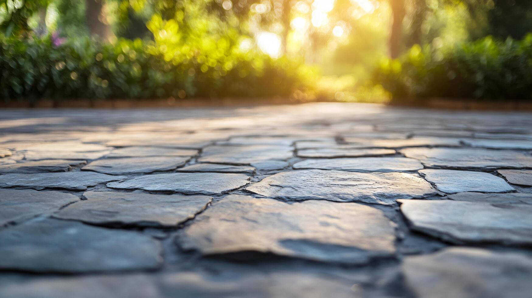 A stone walkway with a view of trees and bushes photo