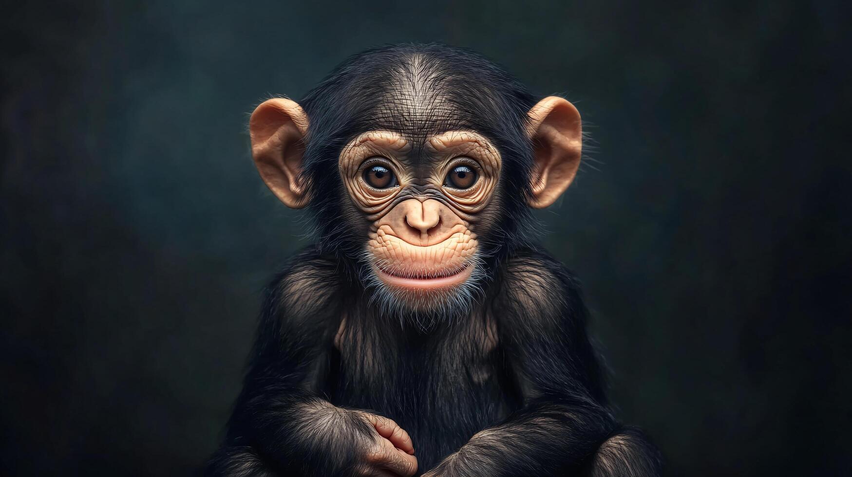 A baby monkey is sitting on a surface with its eyes closed photo