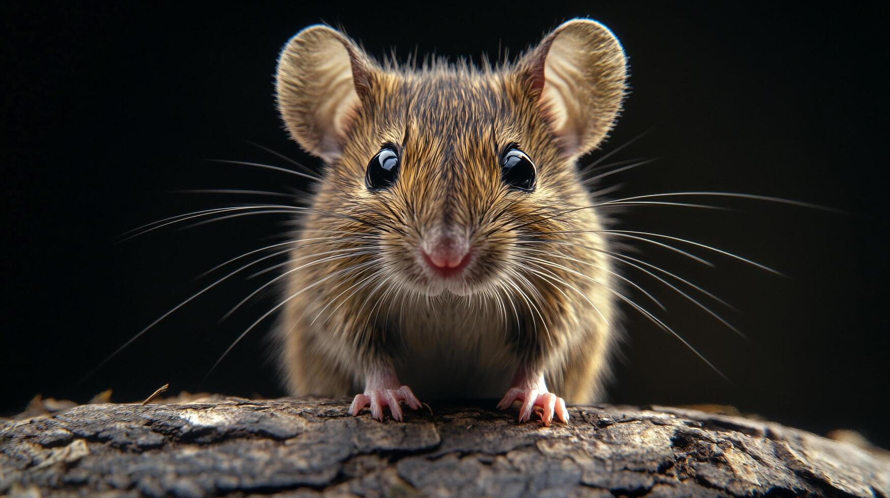 A small brown mouse with black eyes and white whiskers is standing on a log photo