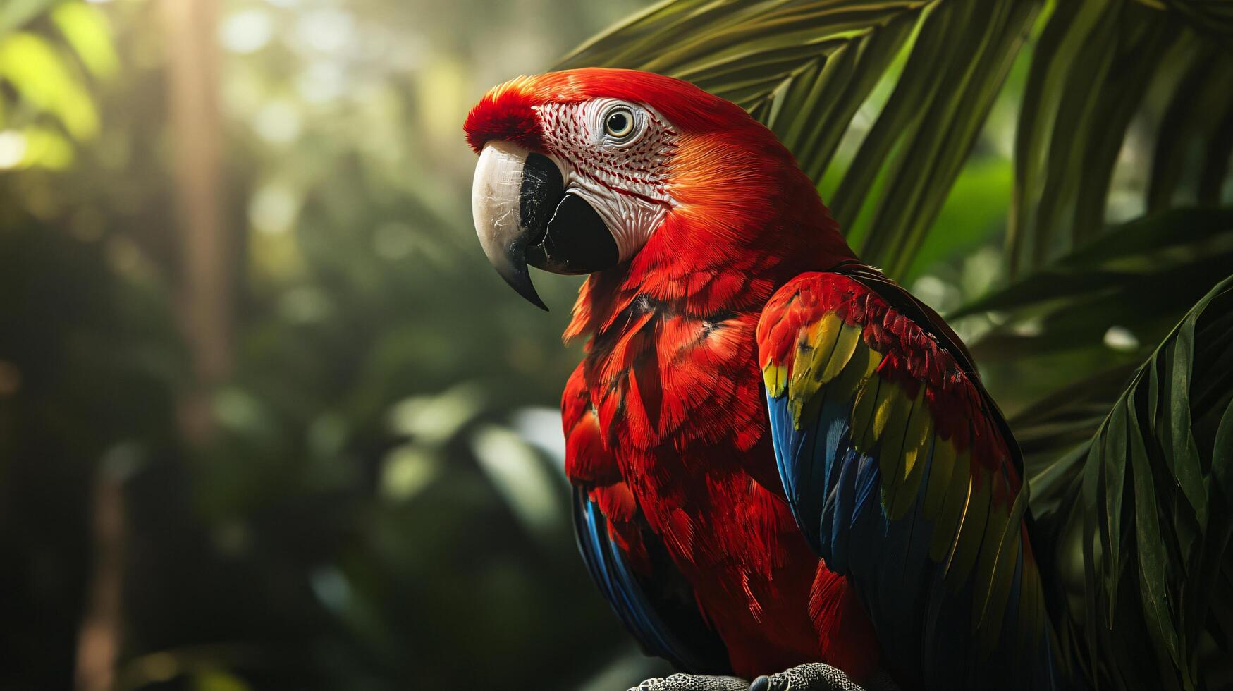 A colorful parrot is perched on a leafy branch in a lush green forest photo