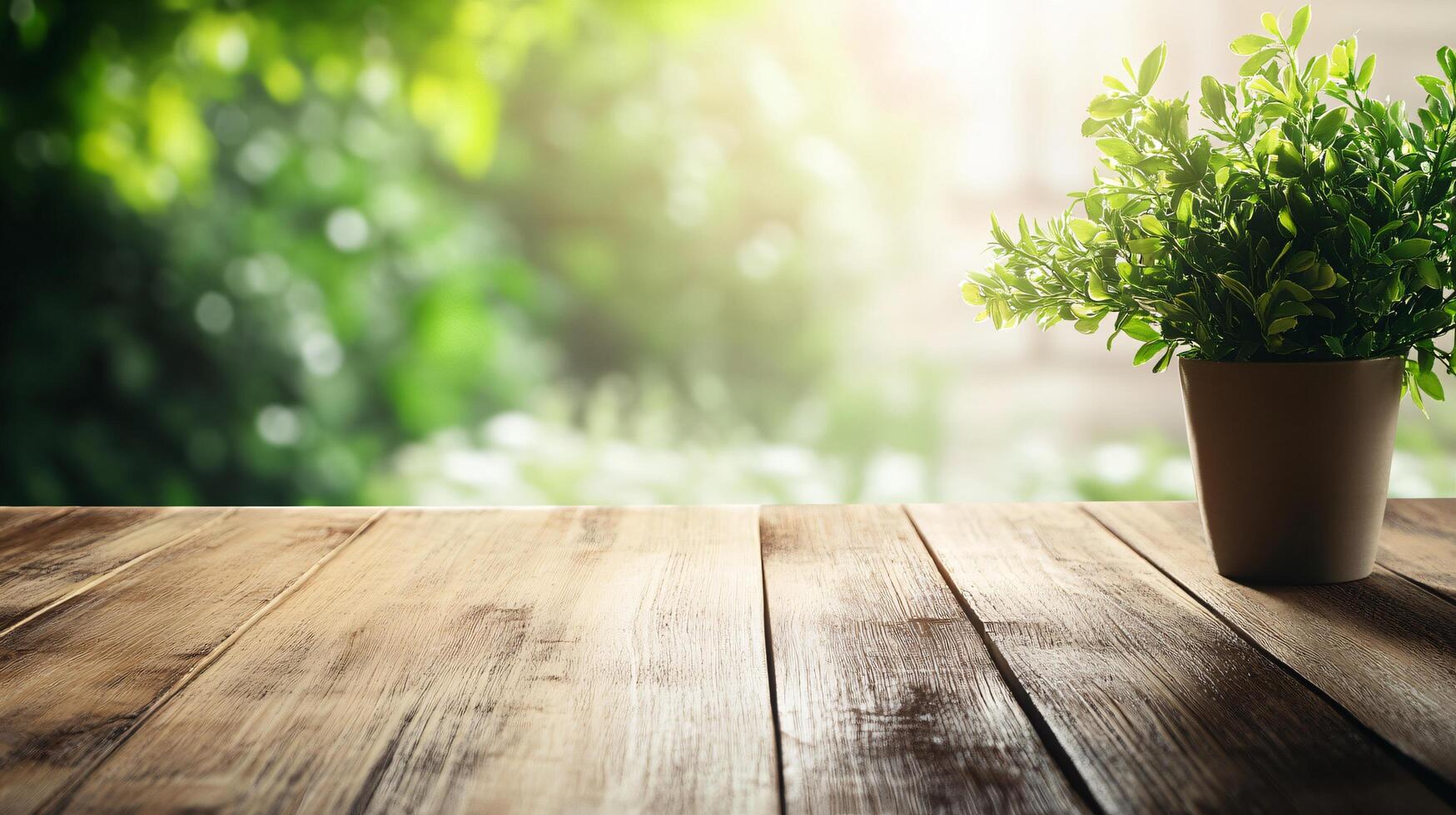 A potted plant sits on a wooden table in front of a window photo