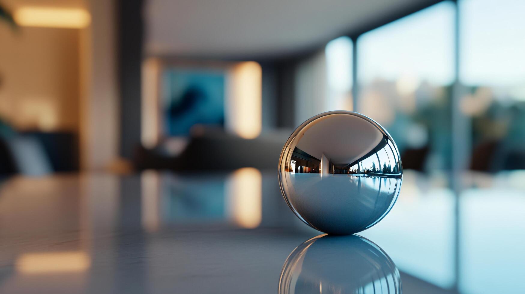 A shiny silver ball sits on a table in a room with a window photo