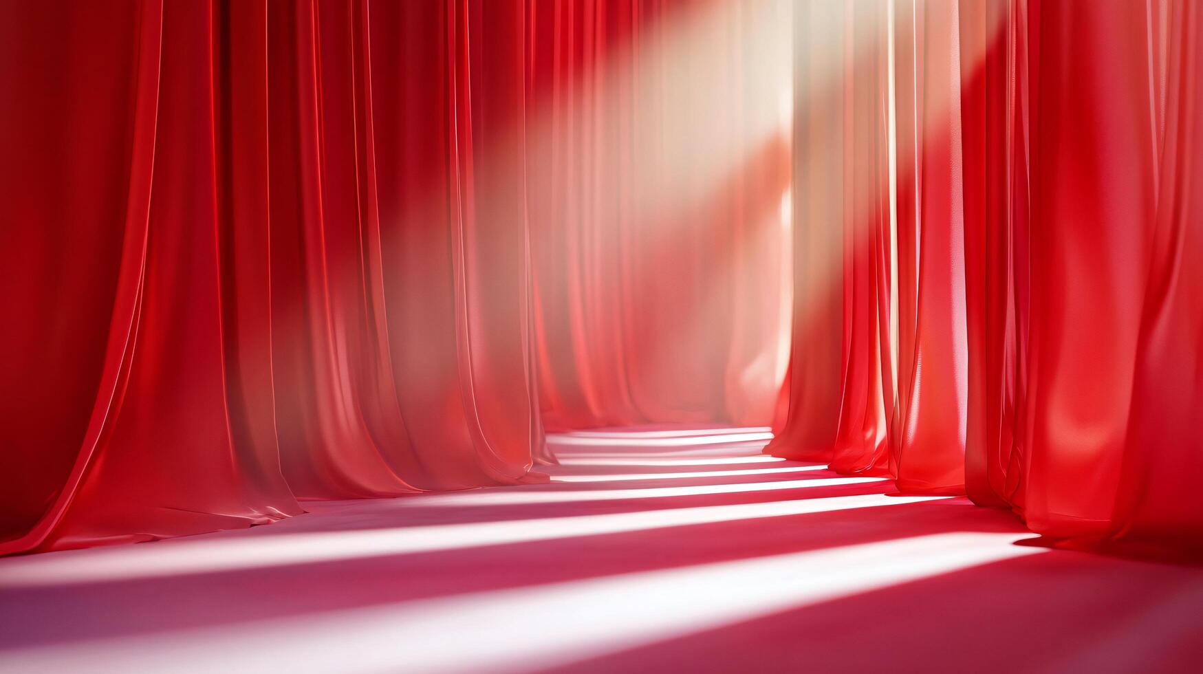 A red curtain hangs in front of a white wall photo