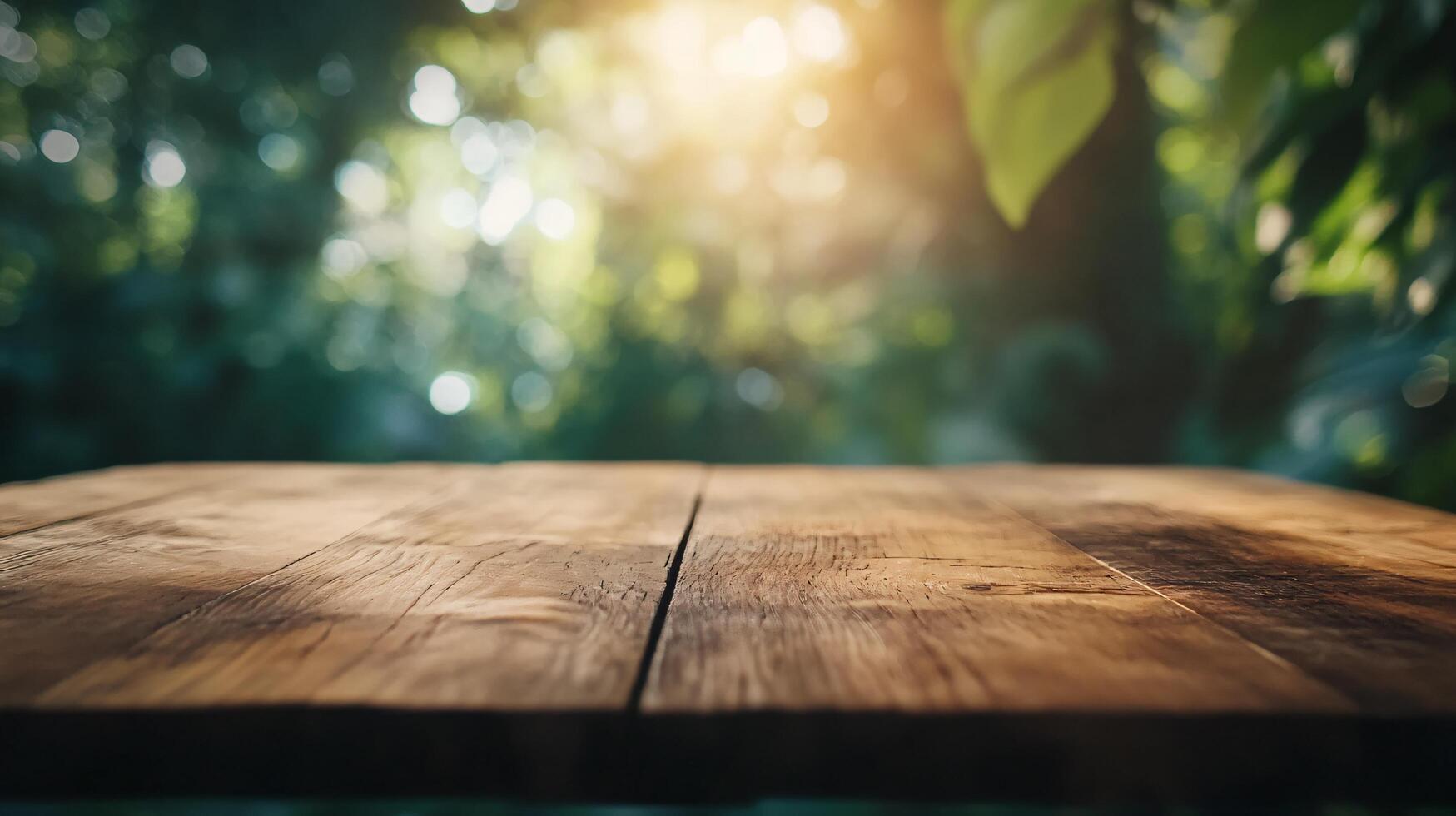 A wooden table with a view of trees and a bright sun photo