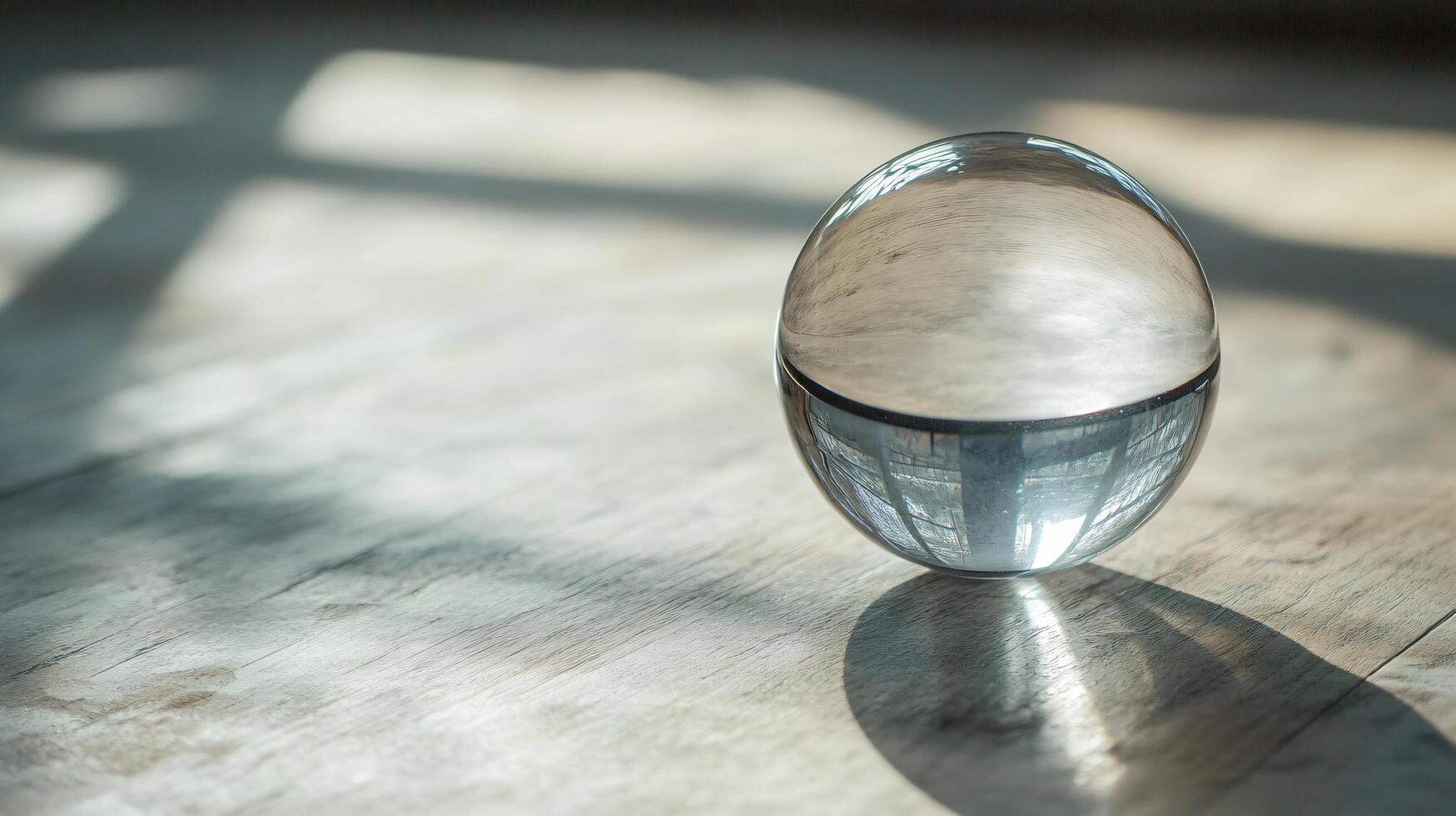 A clear glass ball sits on a wooden table, casting a shadow on the surface photo