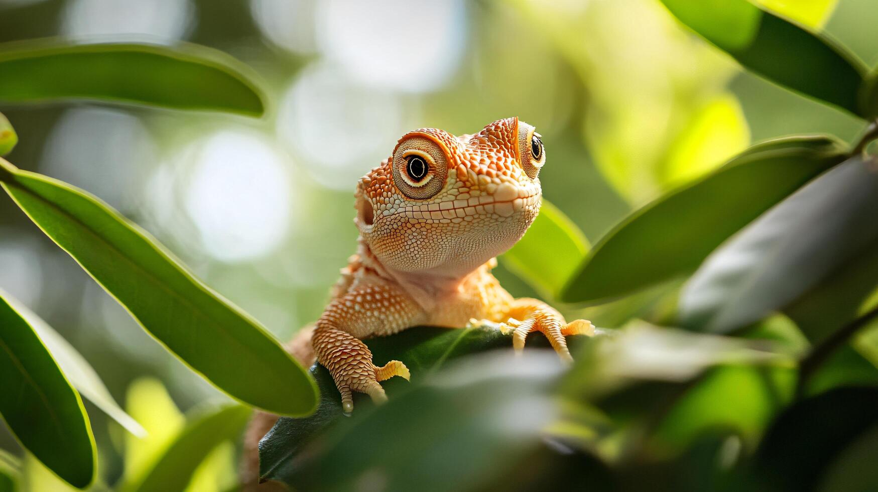 A small lizard is sitting on a leafy branch photo
