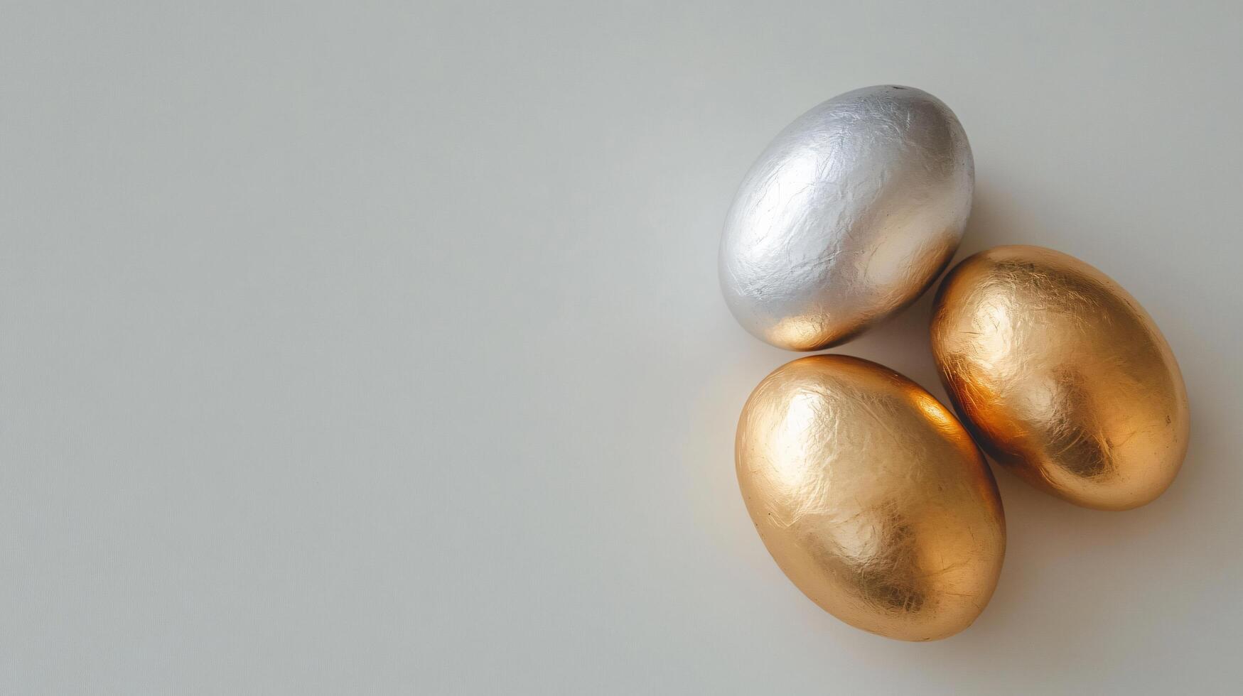 Three gold and silver eggs are sitting on a white background photo