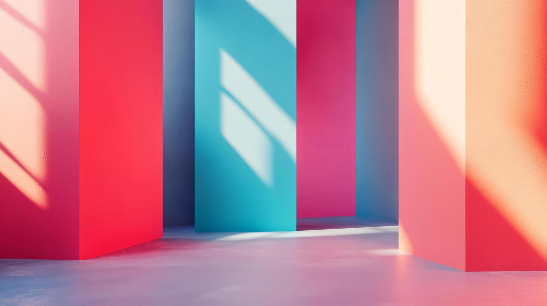 A room with four walls of different colors and a white floor photo