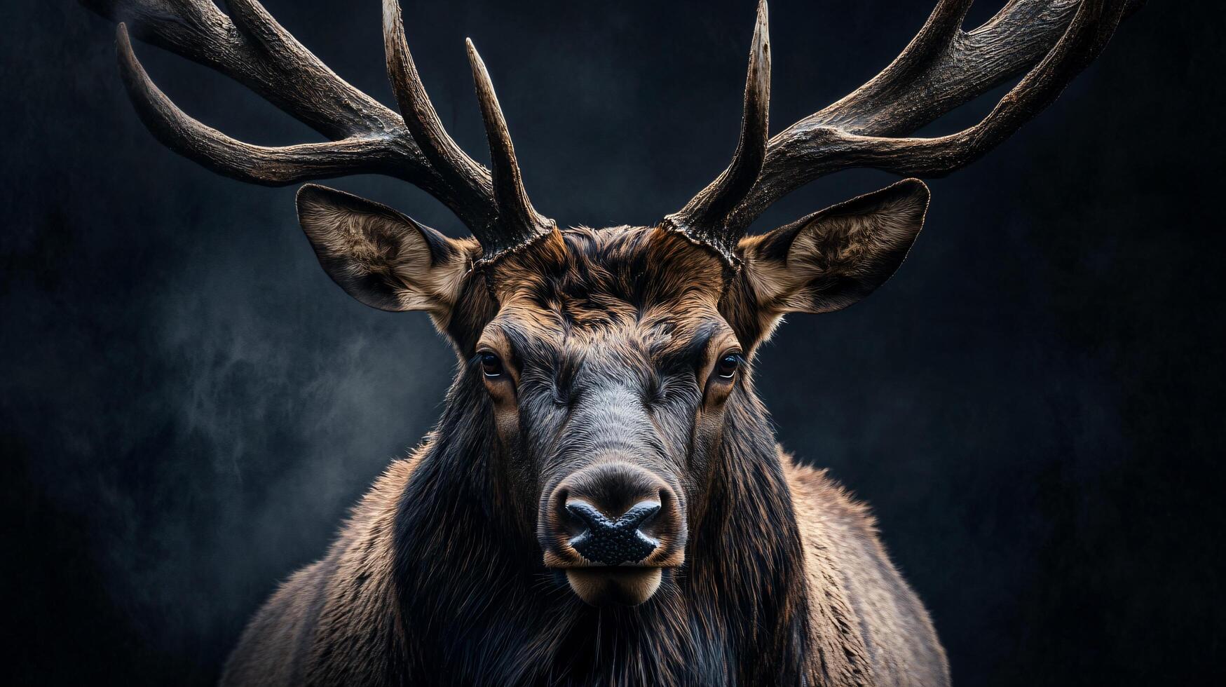A deer with large antlers is standing in front of a dark background photo