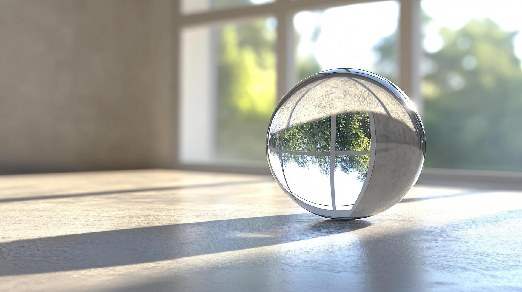 A glass ball is sitting on a table in a room with a window photo