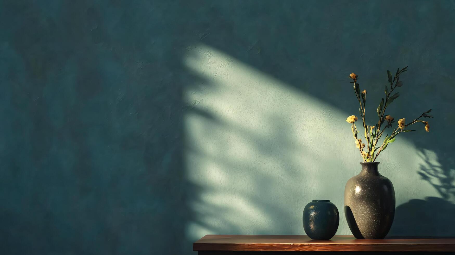 A vase with flowers sits on a table in front of a wall photo