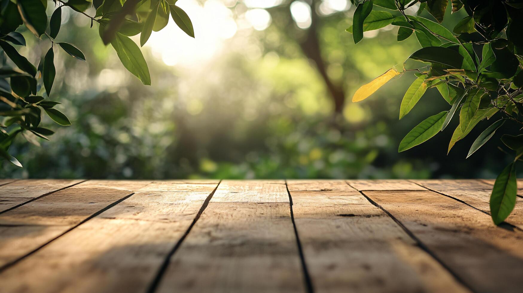 A wooden table with a view of a forest photo