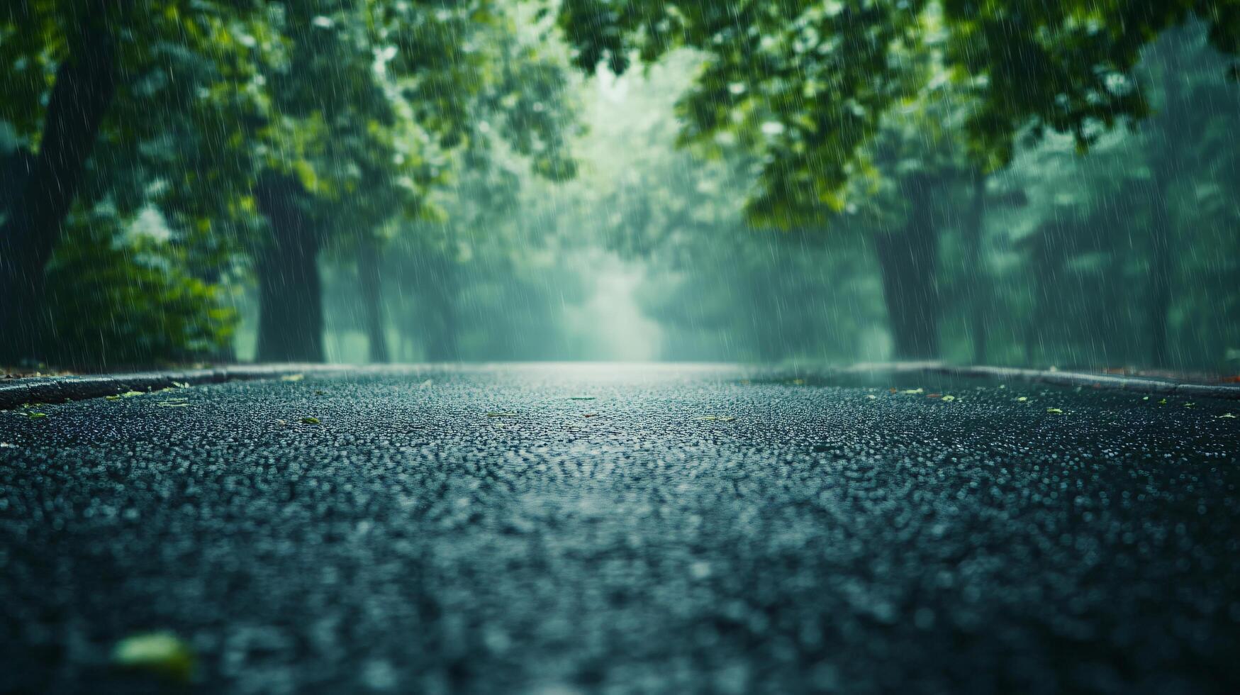 A rainy day in a forest with a wet road photo