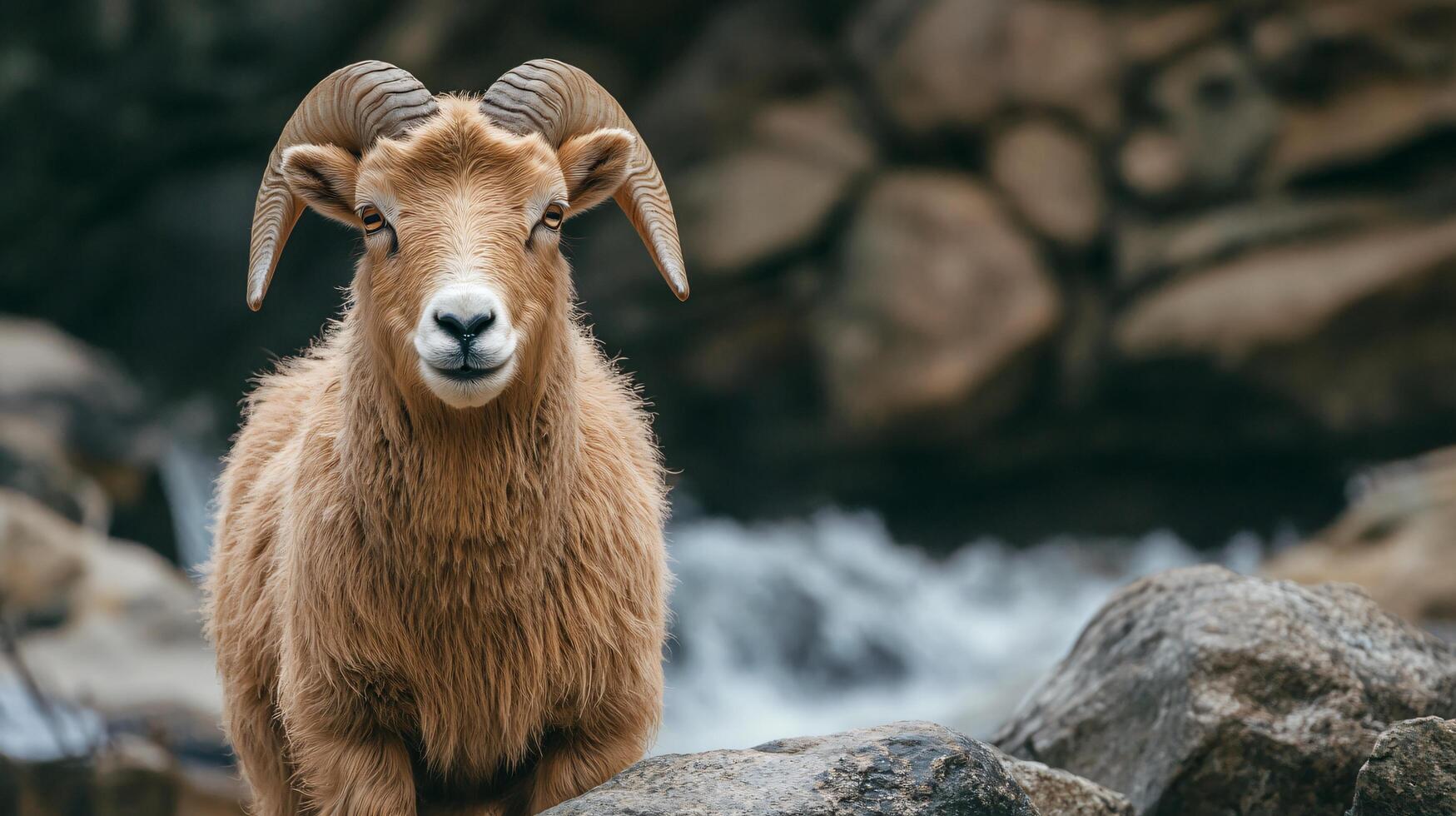 A ram with horns is standing on a rock near a river photo