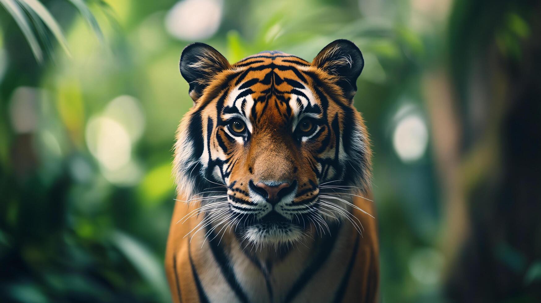 A tiger is standing in a green forest photo
