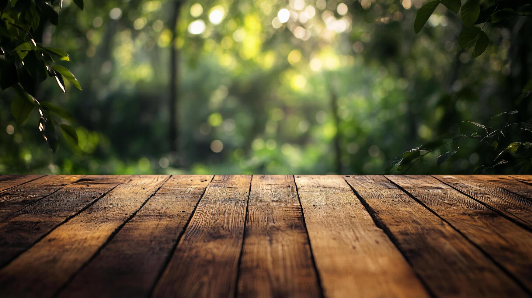 A wooden table with a view of a forest photo