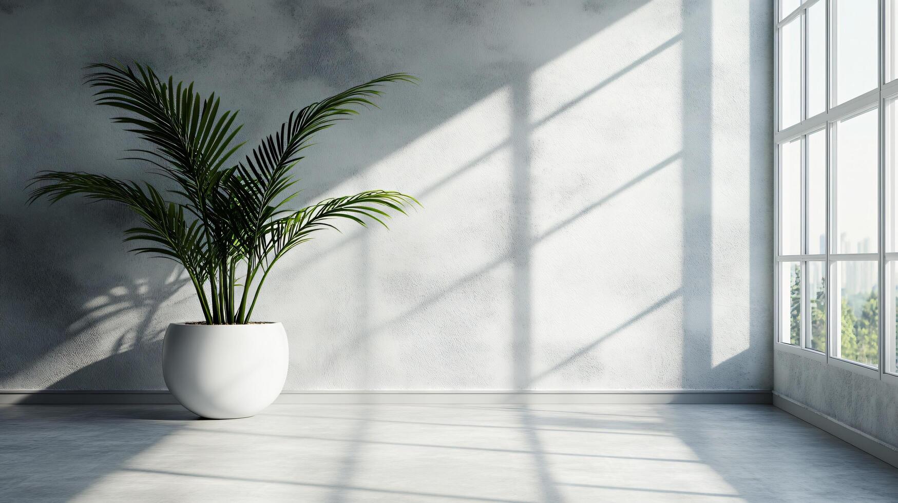 A white plant in a white pot sits in a room with a large window photo