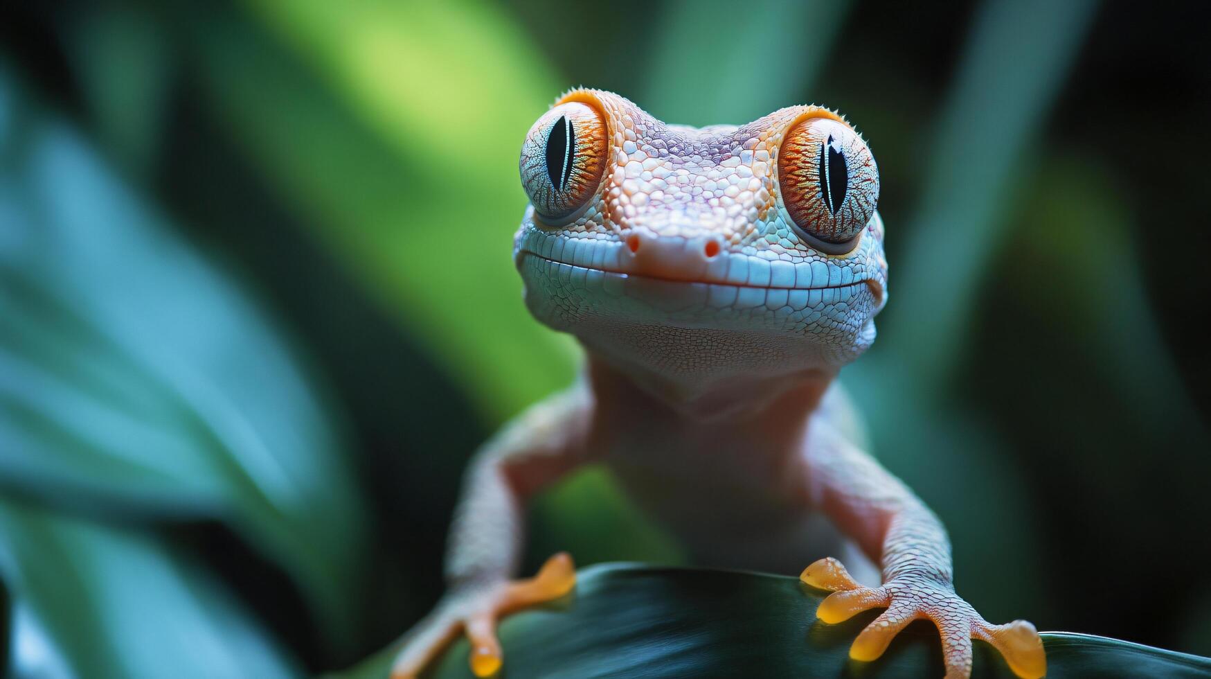 A small lizard is sitting on a leaf and looking at the camera photo