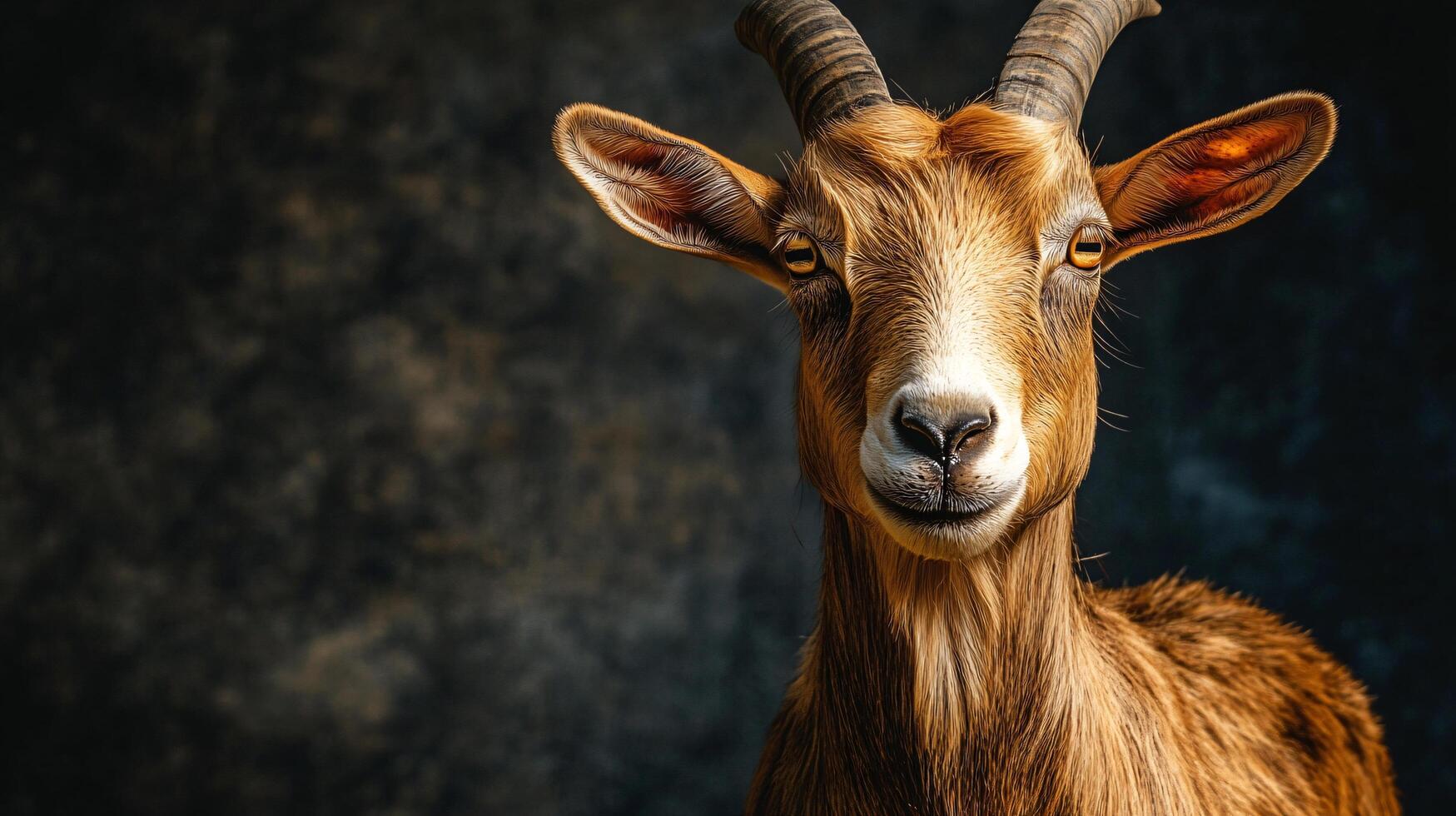 A goat with horns is staring at the camera photo