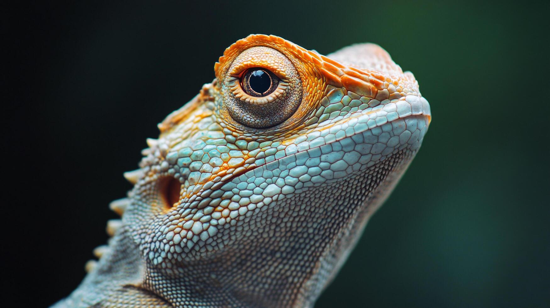 A lizard with a green and orange face is staring at the camera photo