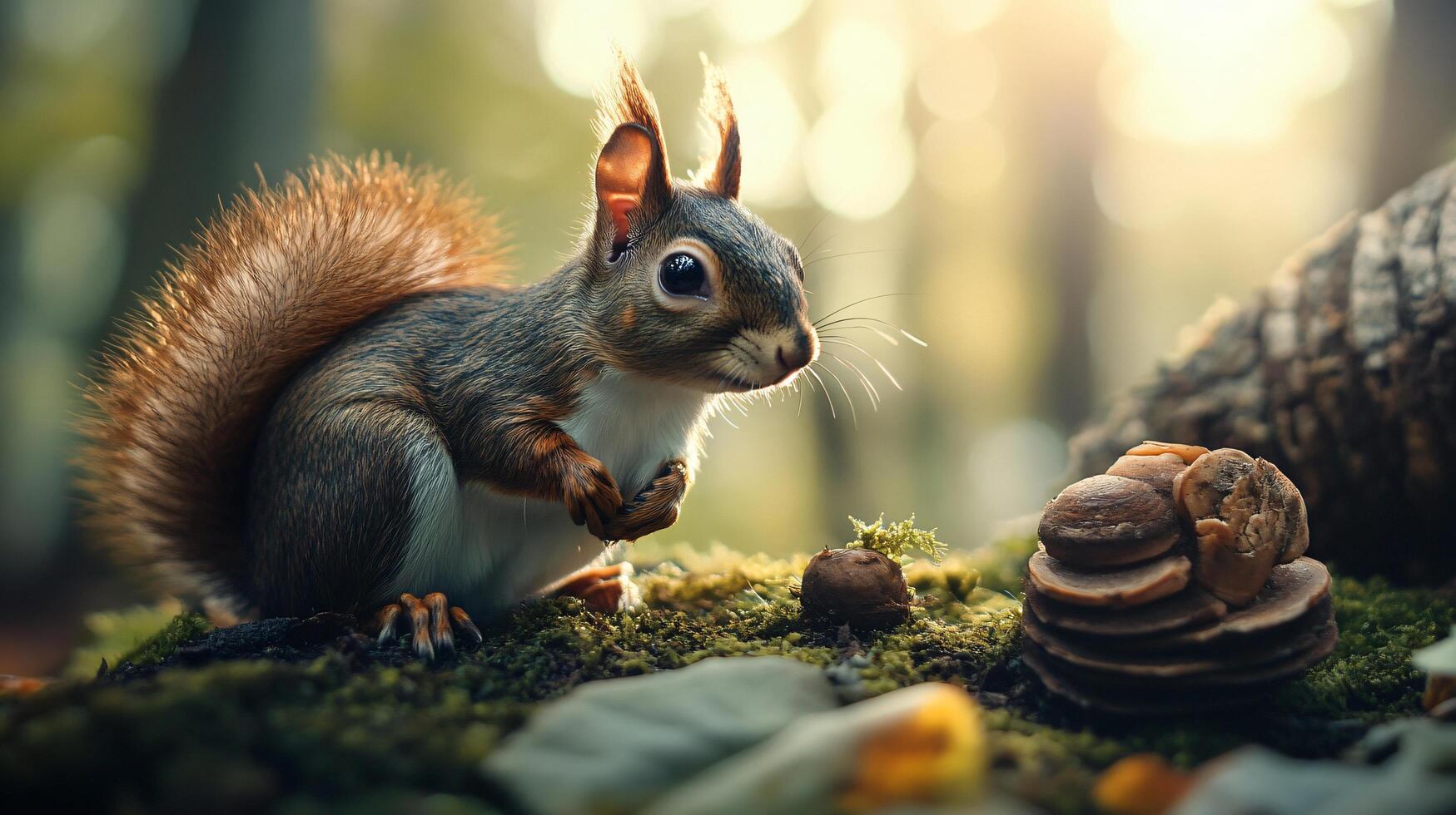 A squirrel is sitting on the ground and eating some nuts photo