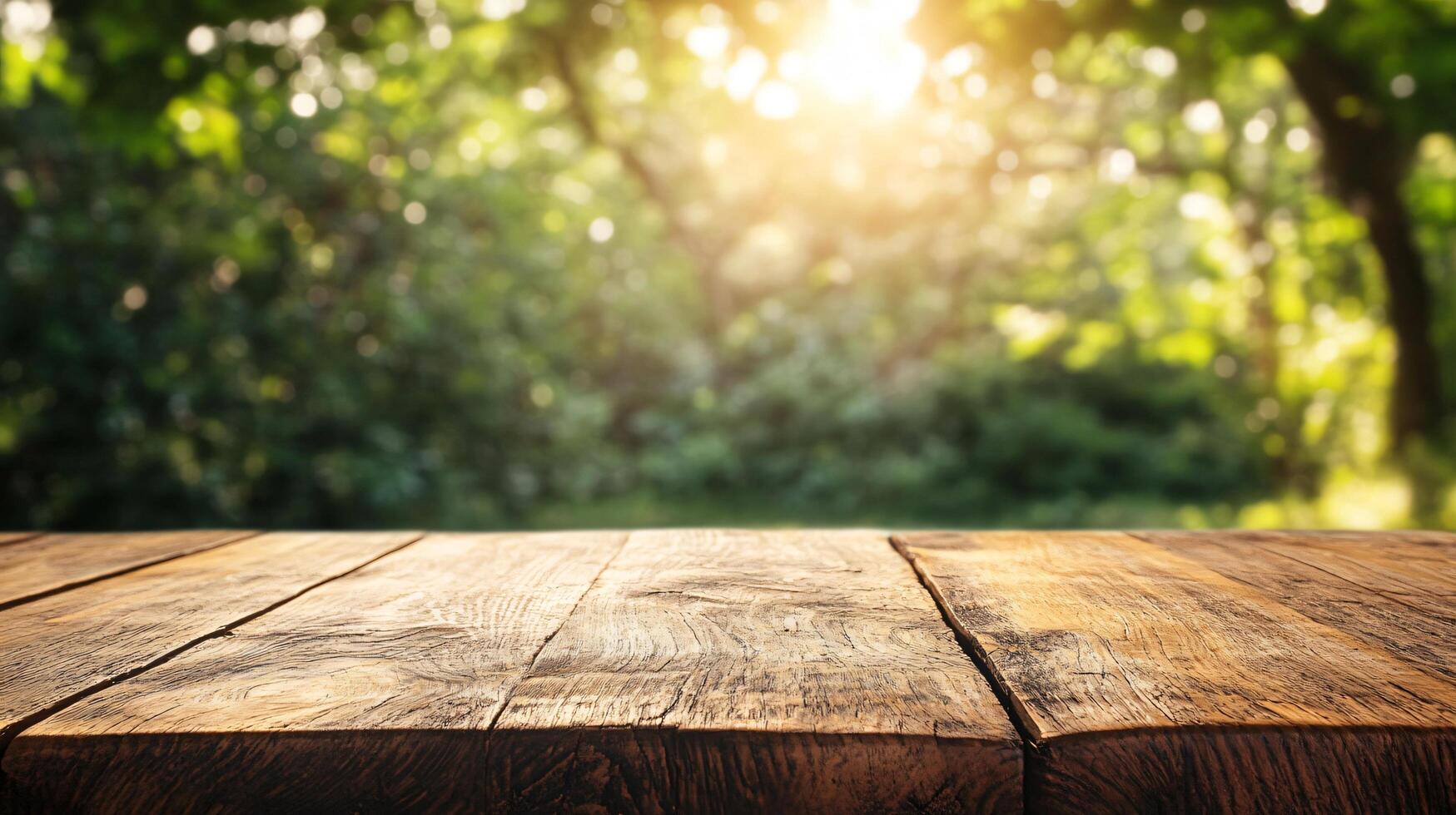 A wooden table with a view of trees and a bright sun photo