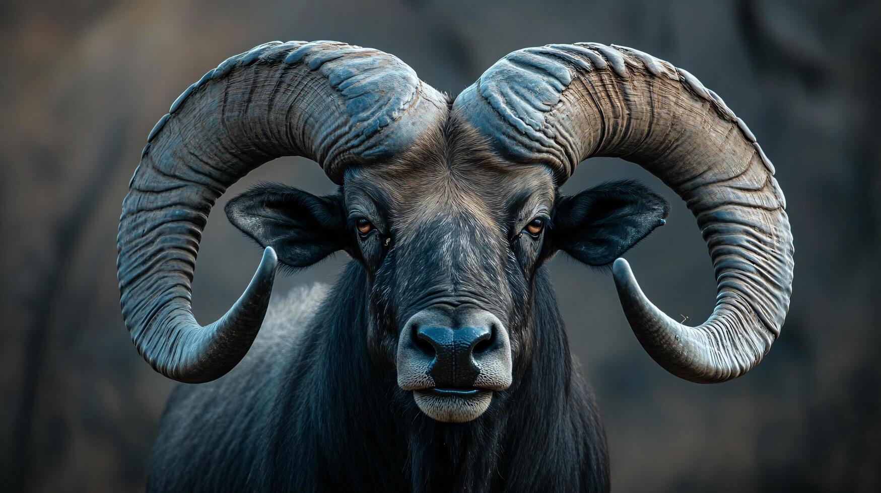 A ram with large horns is staring at the camera photo