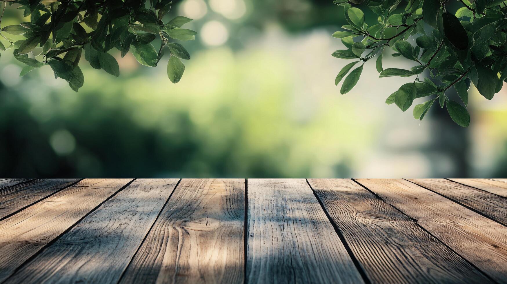 A wooden table with a view of trees and leaves photo