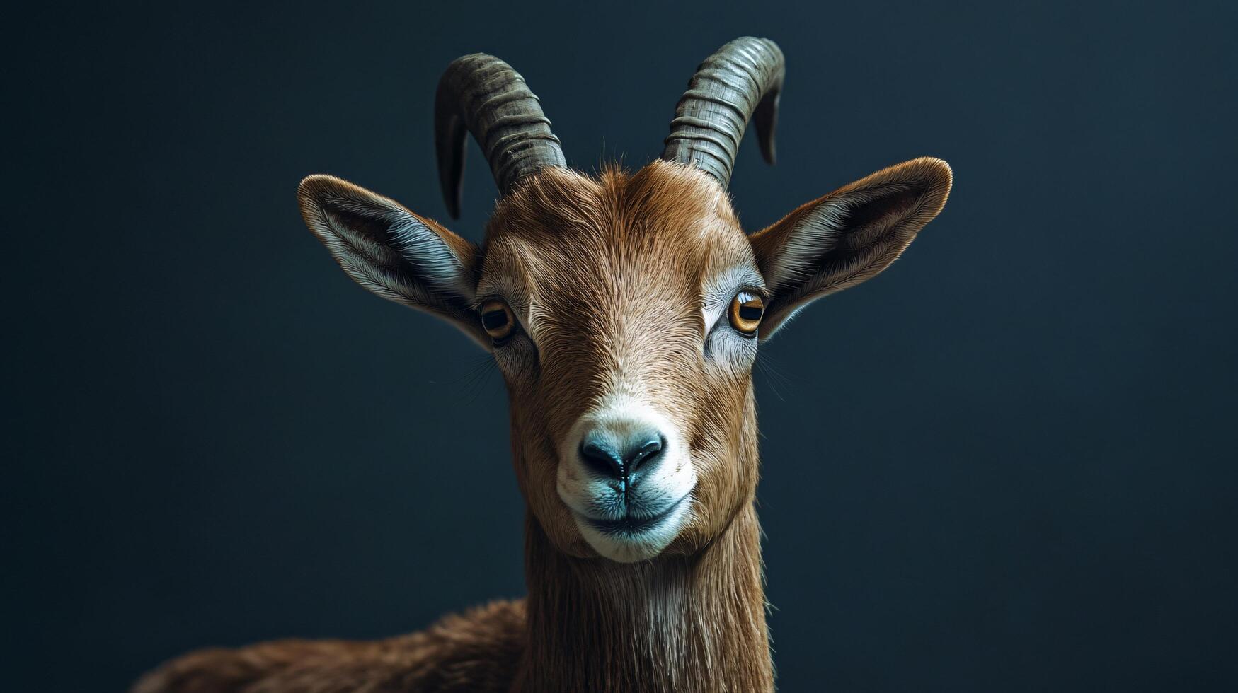 A goat with horns is staring at the camera photo