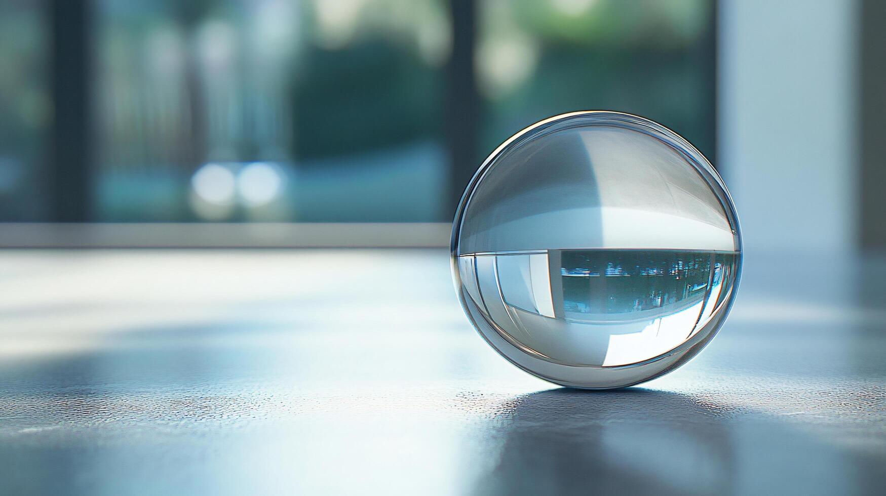 A clear glass ball sits on a tiled floor photo