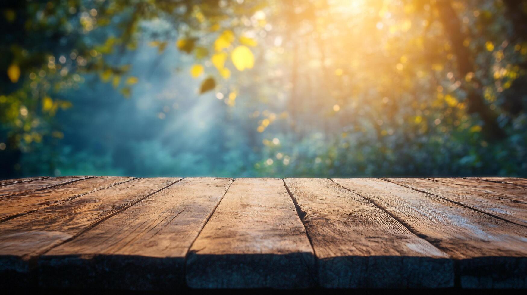 A wooden table with a view of trees and a bright sun photo