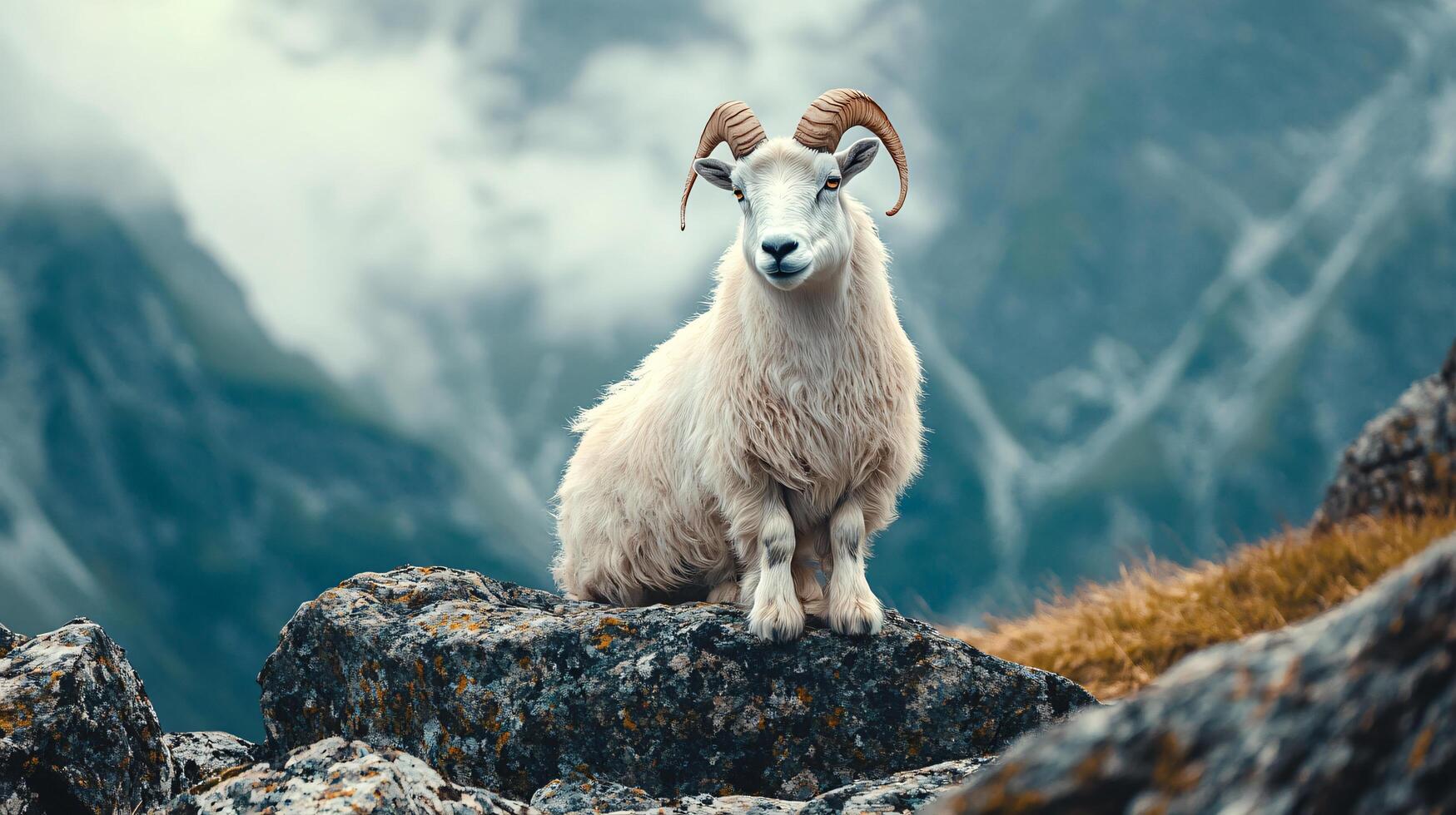 A white ram is sitting on a rock in the mountains photo