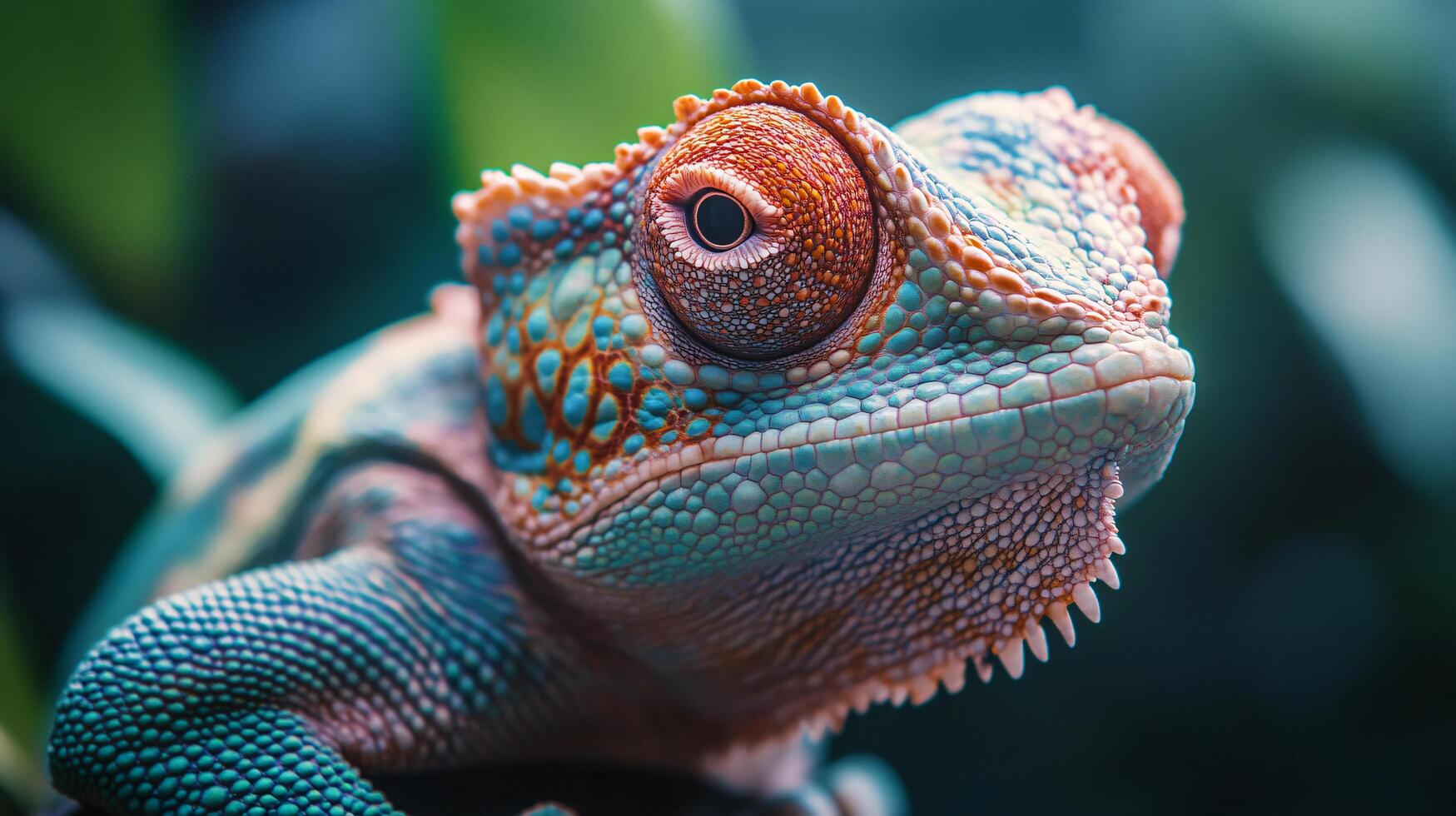 A colorful lizard with a red face and blue and green markings photo