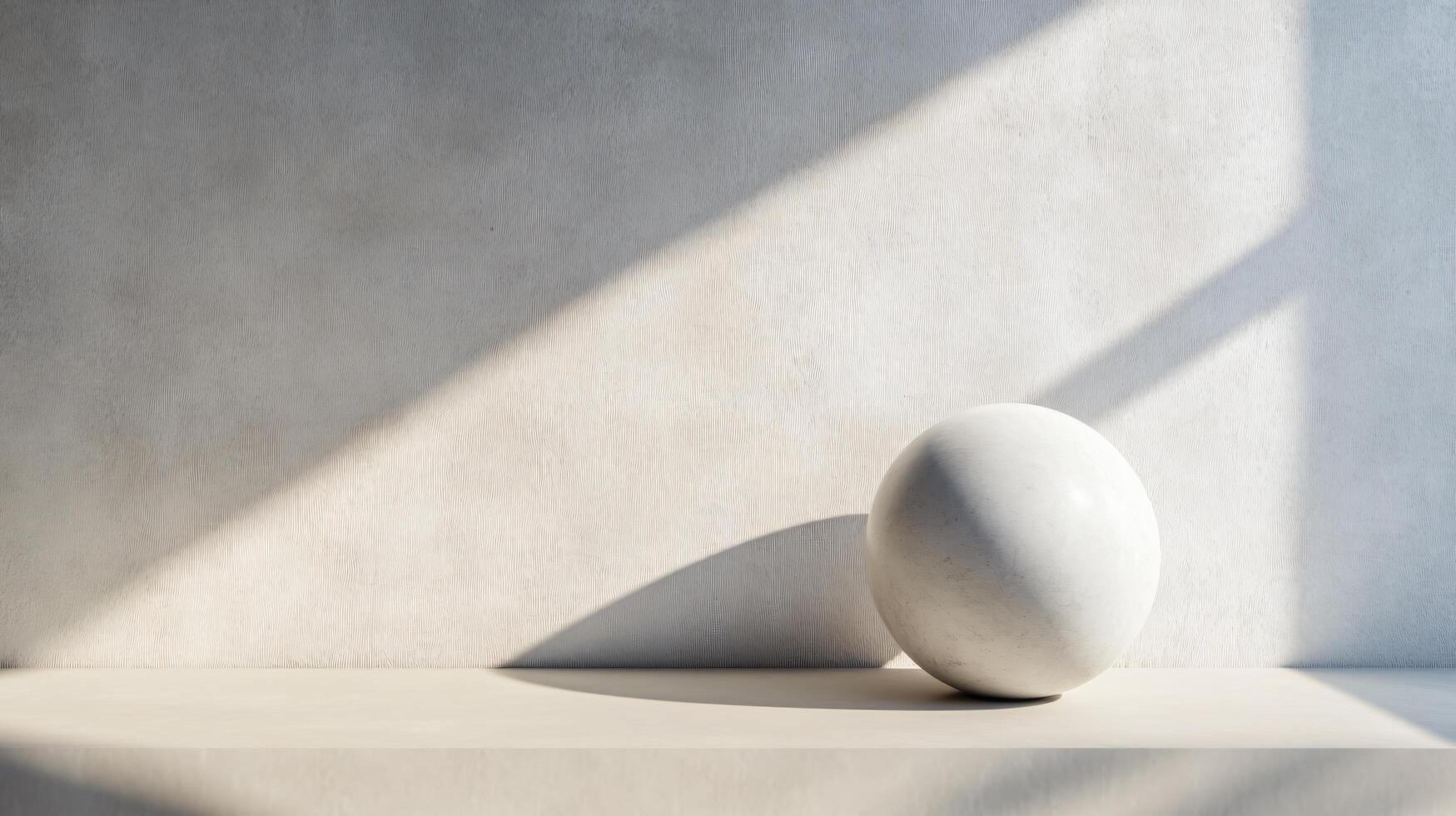 A white egg sits on a table in front of a wall photo
