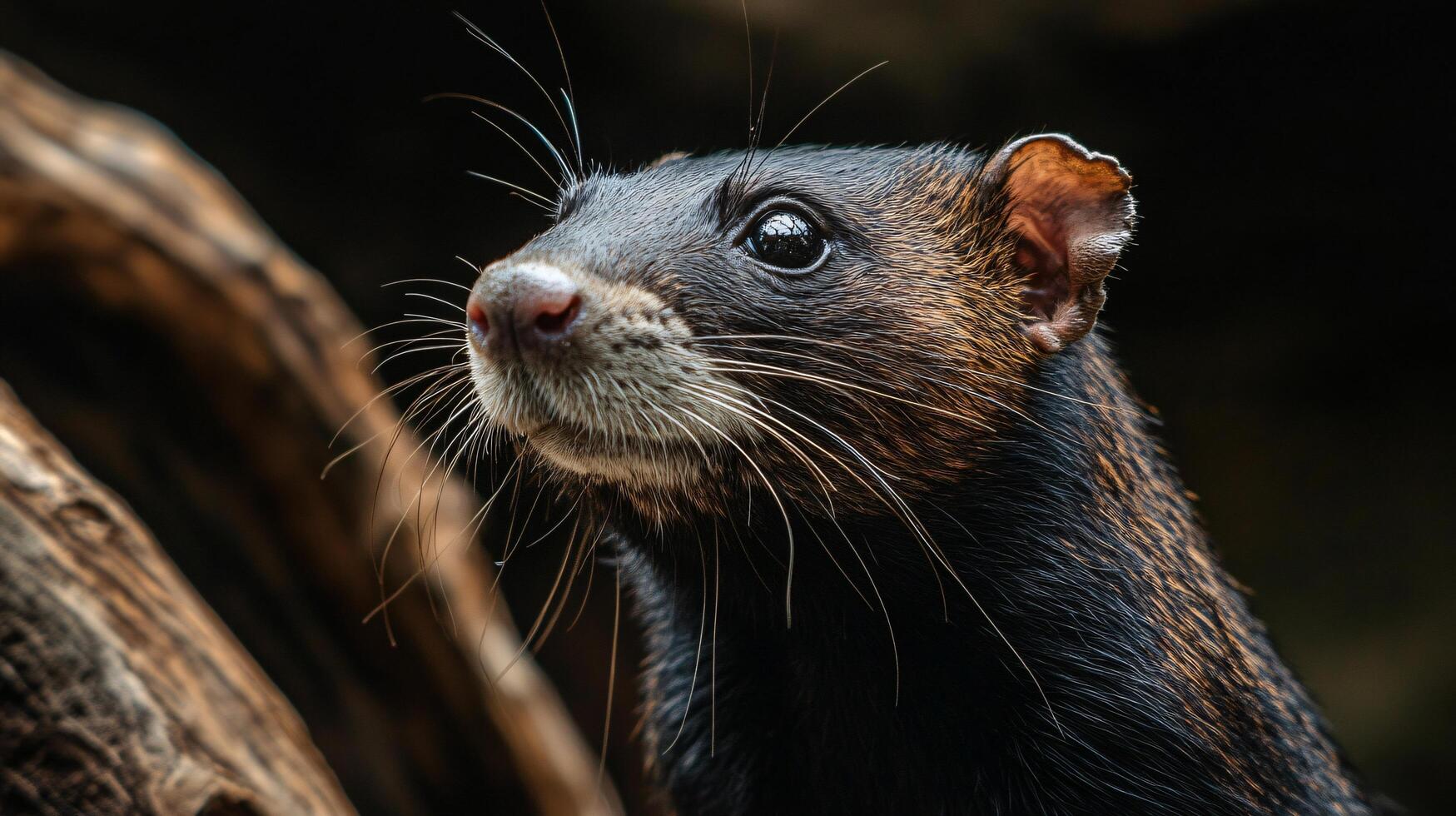 A small animal with a black and brown fur is standing on a log photo