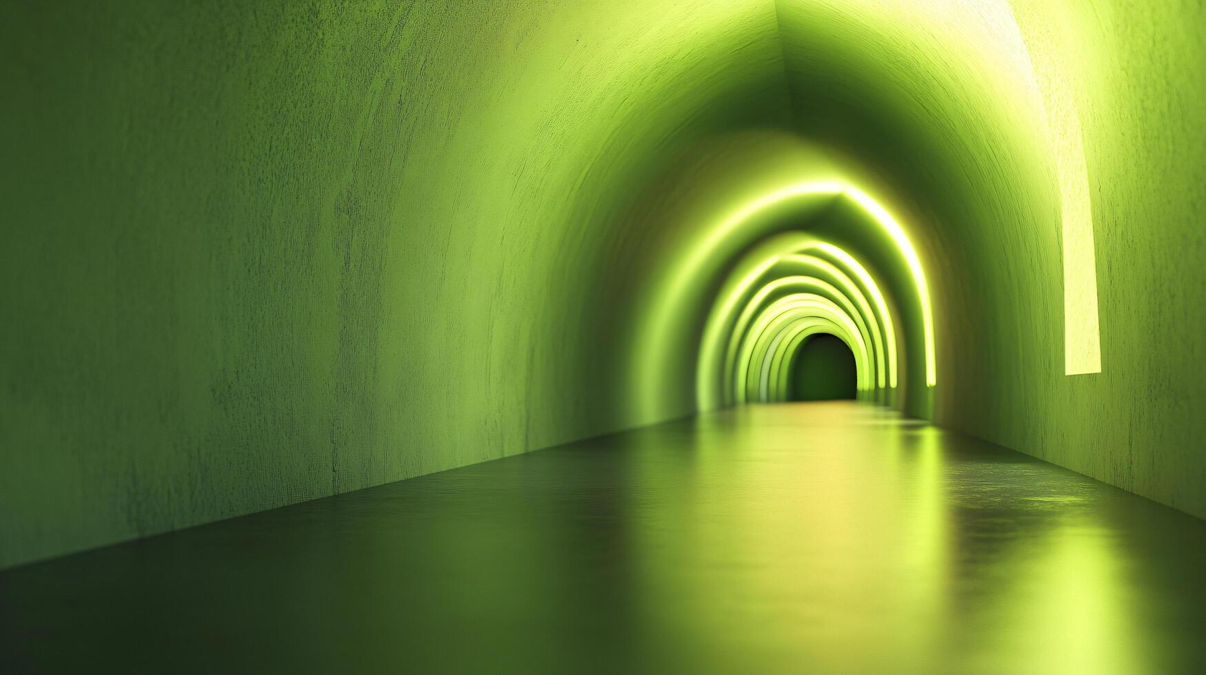 A long tunnel with a green wall and a yellow light photo