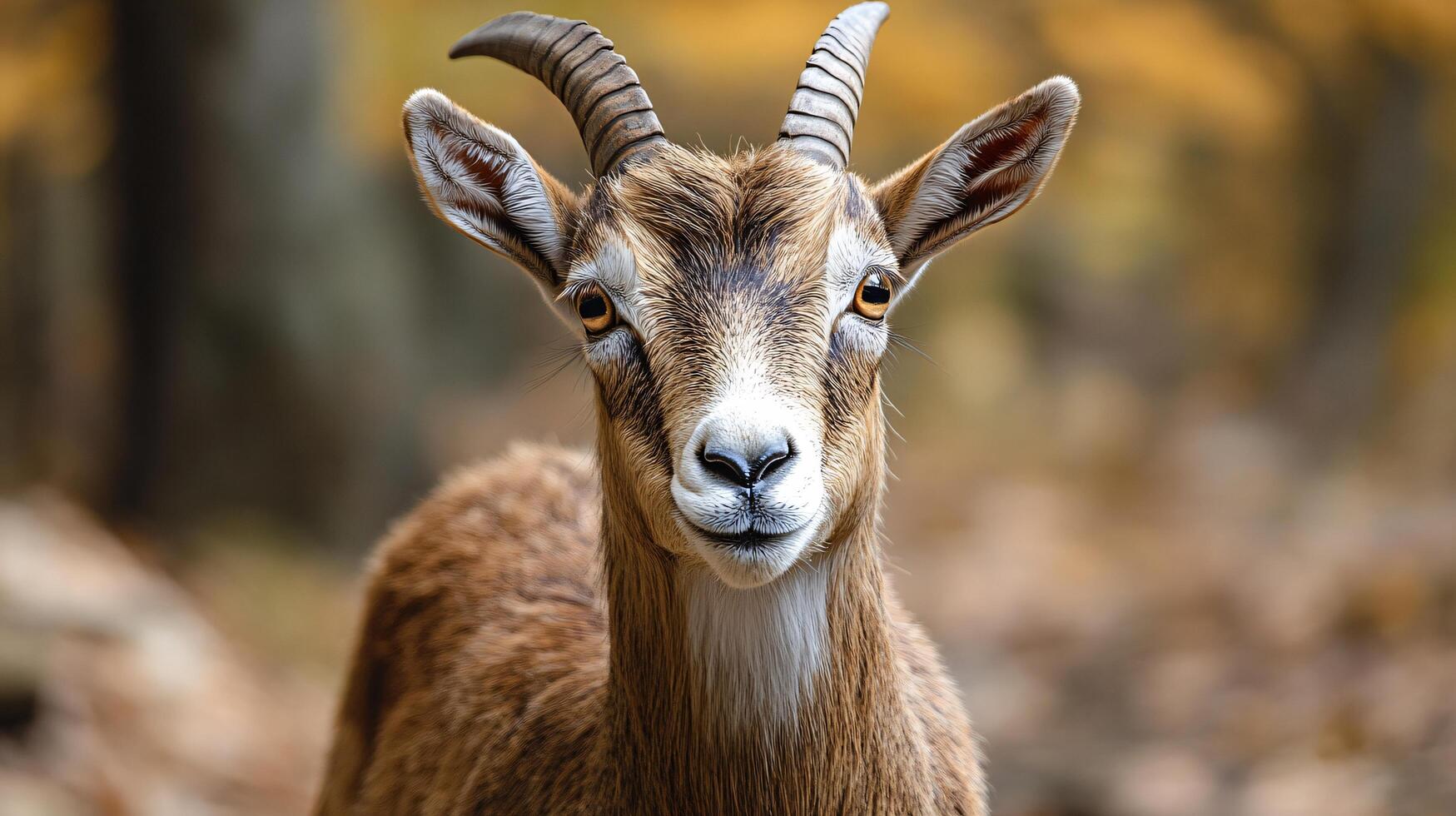 A goat with horns is standing in a forest photo