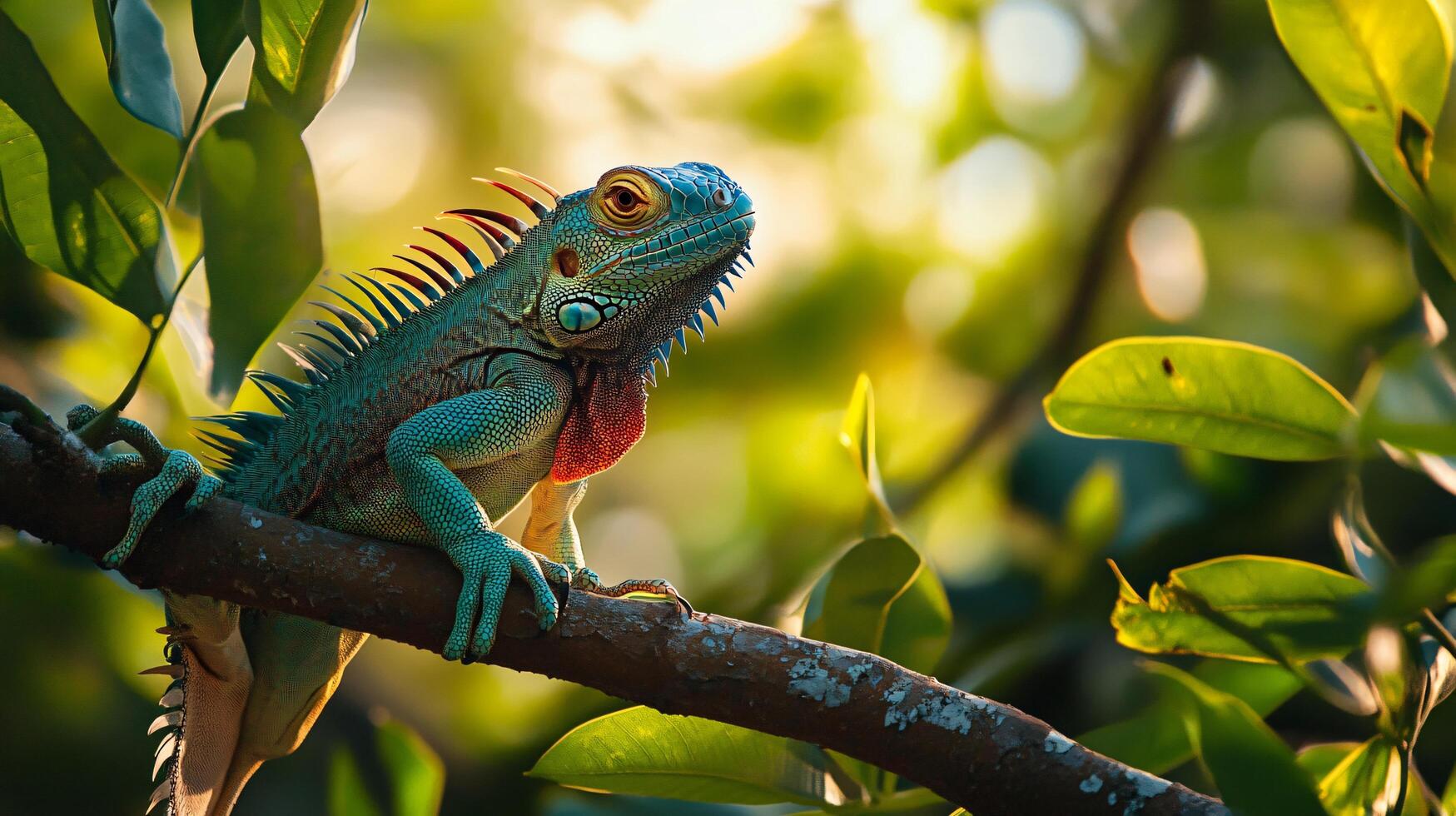 A green lizard is perched on a branch in a lush green forest photo
