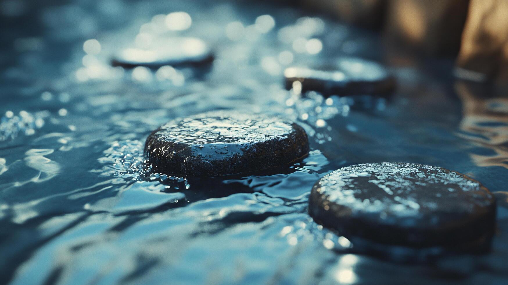 A close up of a body of water with a few large rocks in it photo