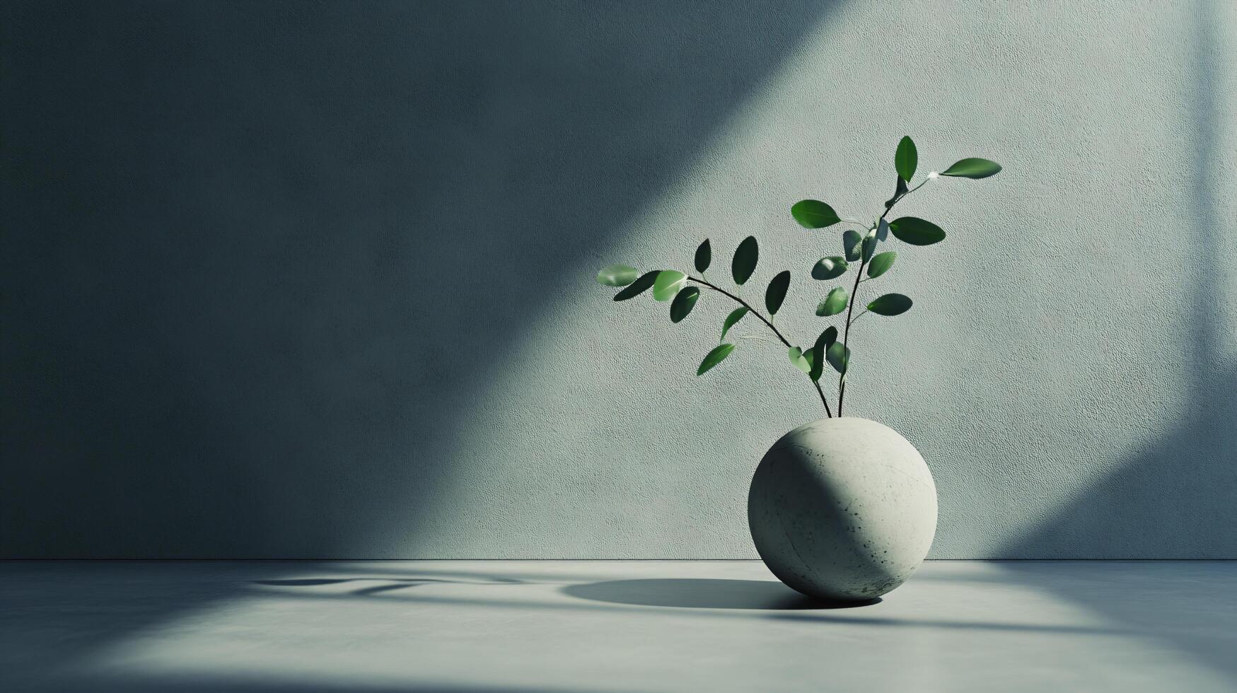 A small vase with a leaf in it sits on a grey wall photo