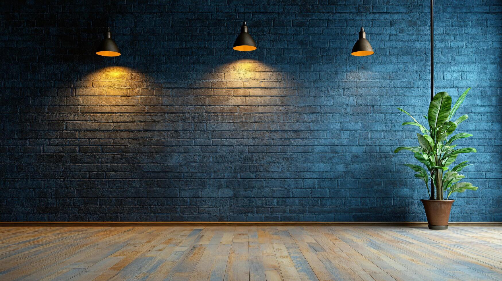 A room with a brick wall and a potted plant photo