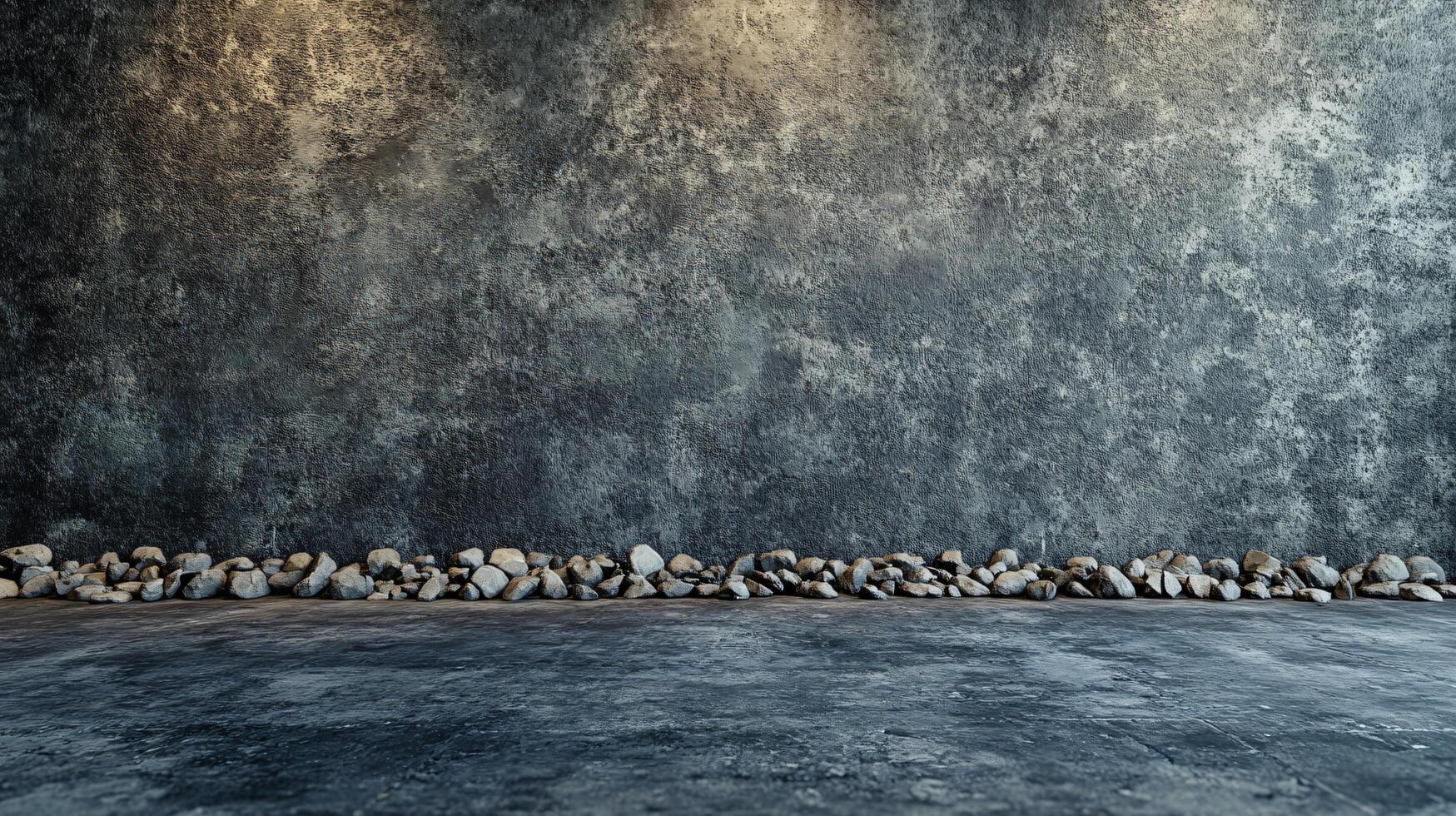 A wall with a grey background and a row of rocks on the floor photo