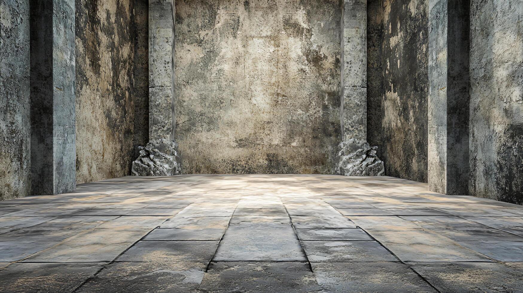 A large empty room with a stone wall and a stone floor photo