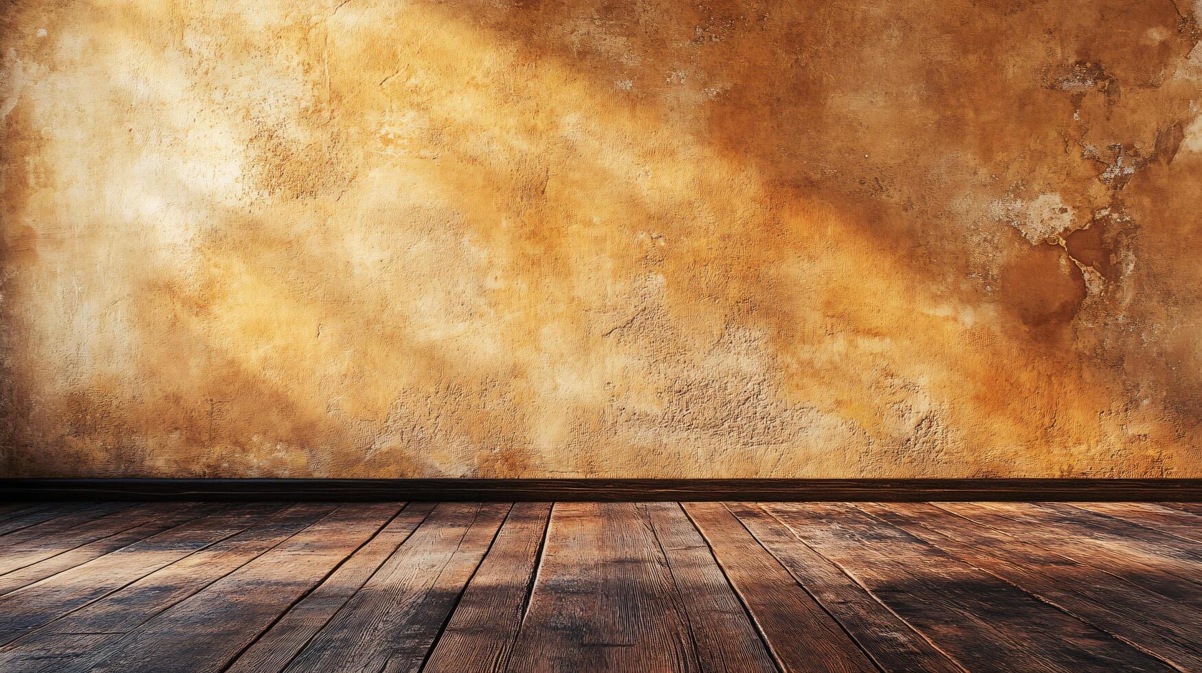 A room with a wooden floor and a wall with a brown paint photo