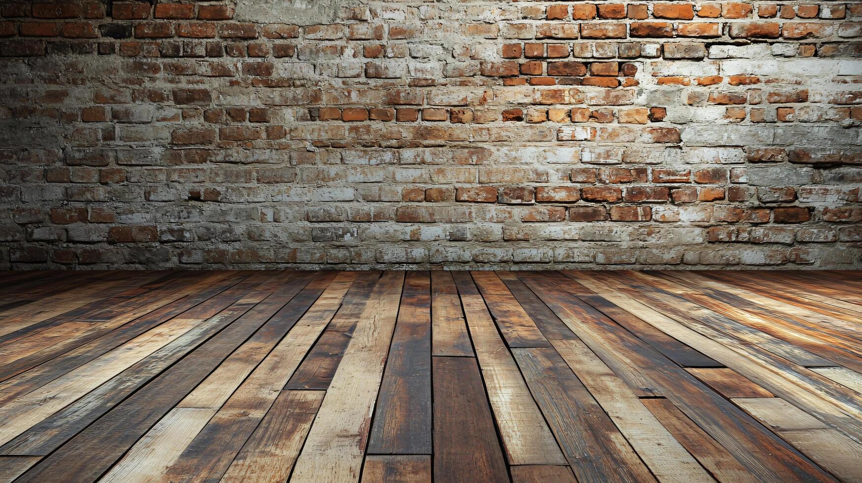 A brick wall with a wooden floor in front of it photo