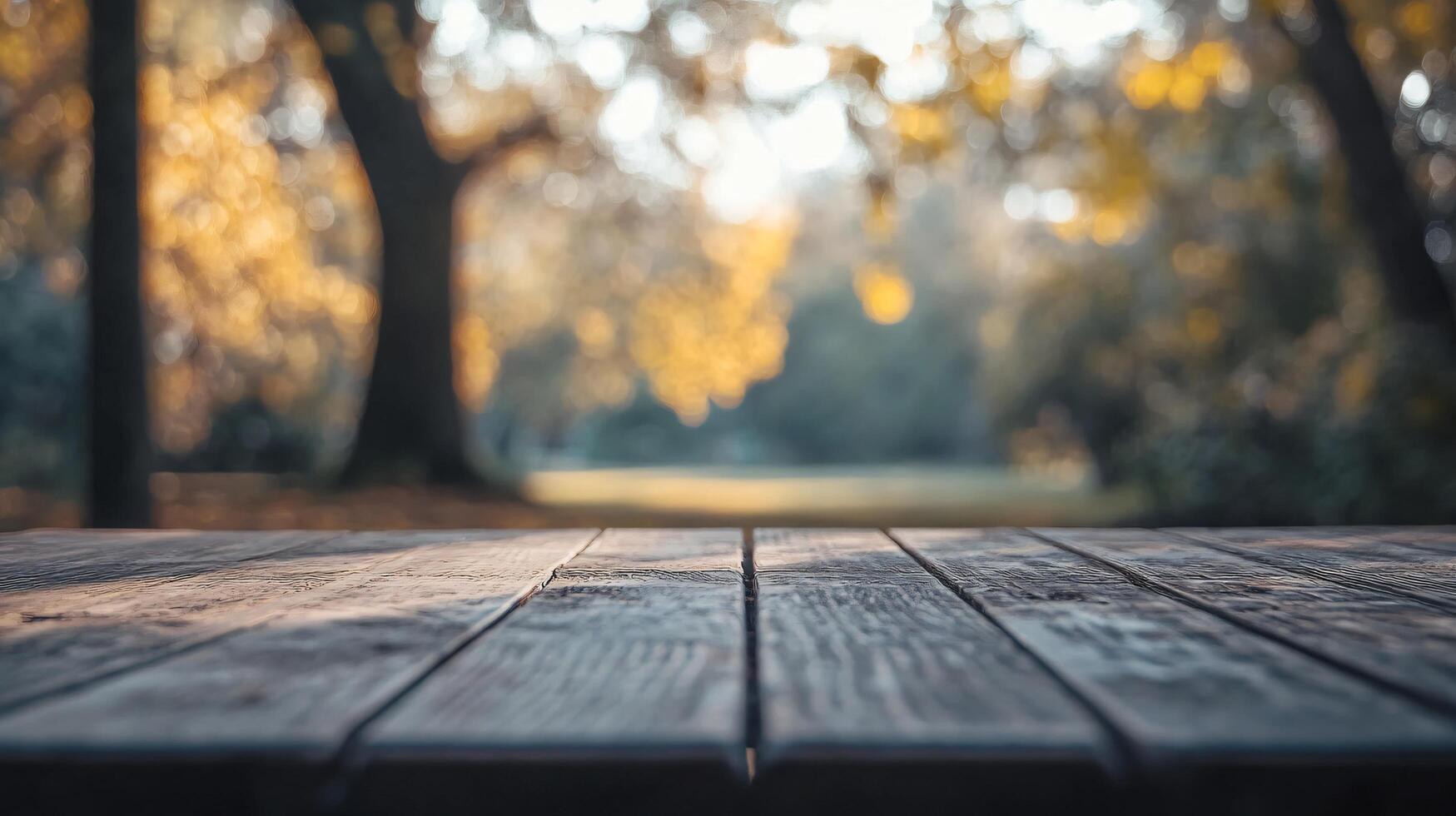 A wooden table with a view of trees and a park photo